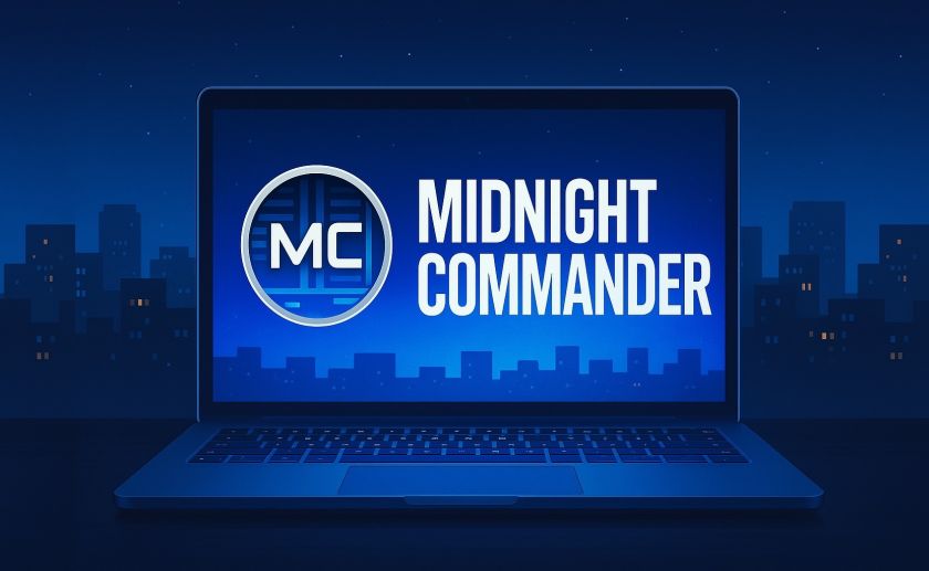 изображение логотипа midnight commander на экране ноутбука в полночь